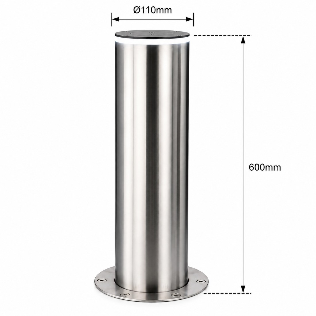 RiseGuard bollard with dimensions: 600mm tall, 110mm diameter